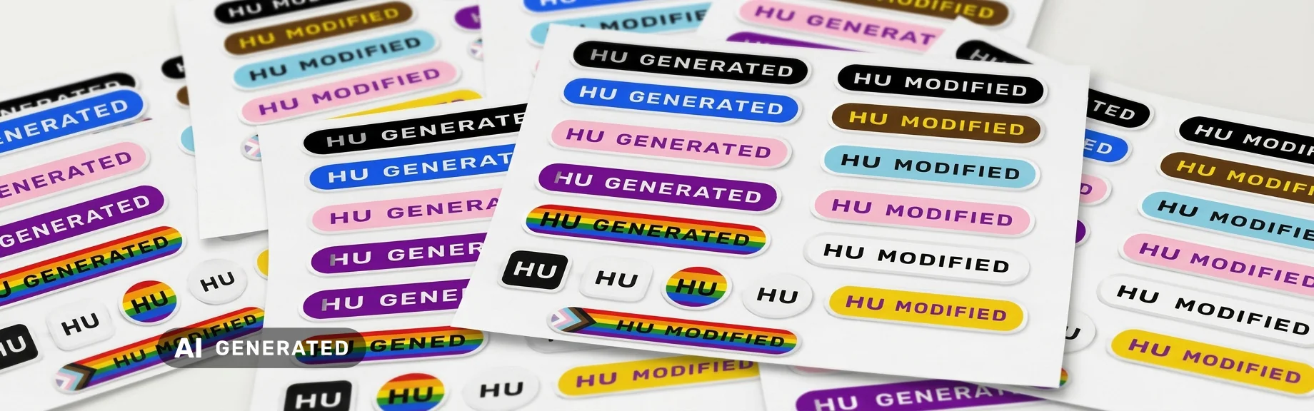 Zes HU-labels op een donkerpaarse achtergrond: HU GENERATED, HU MODIFIED en HU in wit, en drie varianten uit de regenboogversie in roze, paars en lichtblauw.