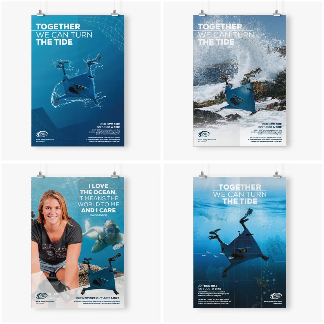 Posterserie Together we can turn the tide: vier OceanIX-posters met de fiets onder water, in de branding en met een duikster.