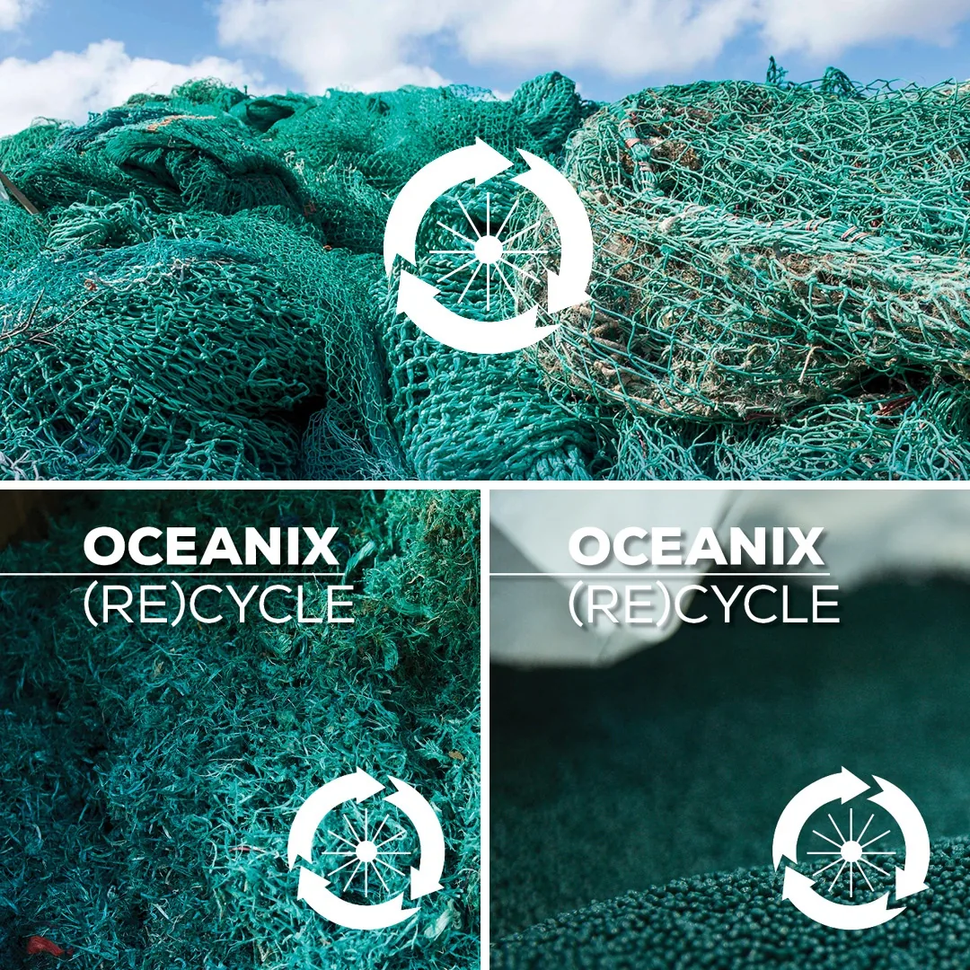 OceanIX (re)cycle: opgeviste visnetten met het recycleteken, de grondstof van de fiets.