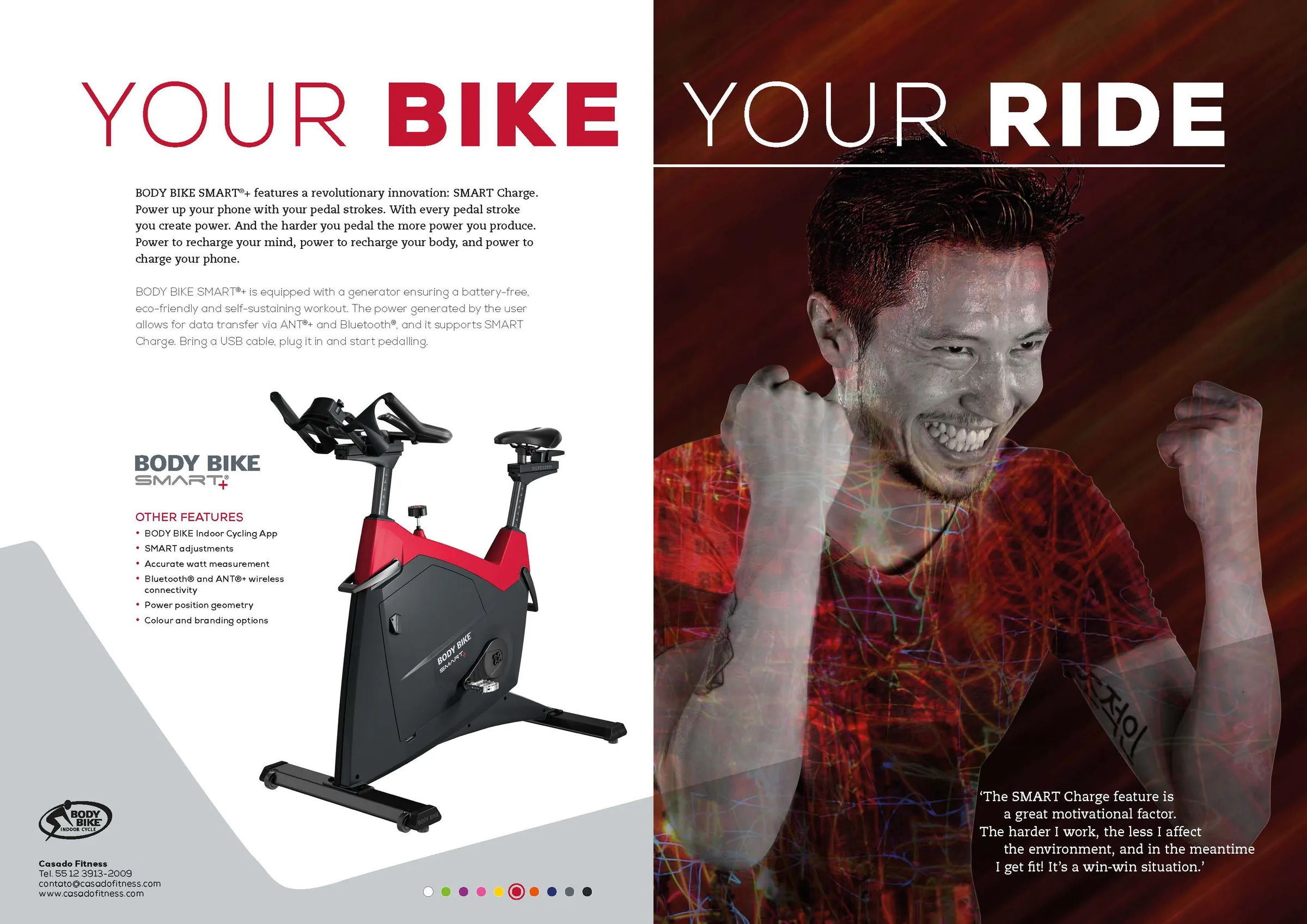 Advertentiespread Your Bike Your Ride: links de BODY BIKE SMART met rood frame en de productinformatie, rechts een sporter in een rode dubbelbelichting.