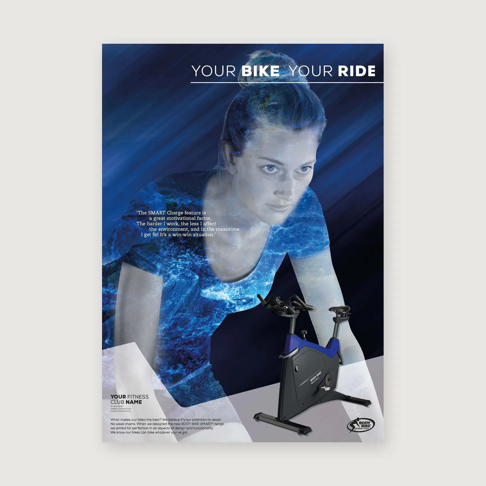 Poster Your Bike Your Ride in blauw: een vrouw in dubbelbelichting met oceaanwater, met de blauwe BODY BIKE SMART ervoor.