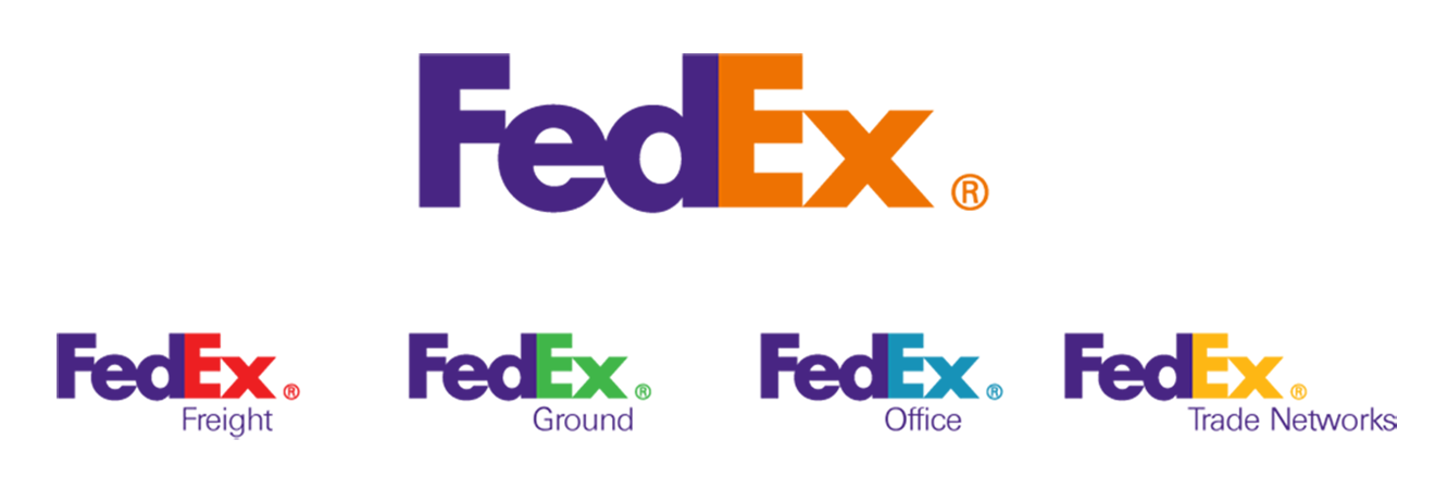 Het FedEx-logo met vier divisielogo's (Freight, Ground, Office, Trade Networks), allemaal herkenbaar FedEx maar elk met een eigen accentkleur