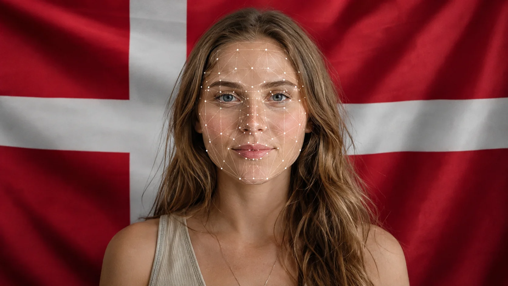 Image of a young woman with an AI-like pattern across her face and the Danish flag behind her. Made with AI.