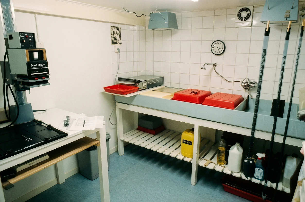 The setup of a darkroom in the nineties. With a Durst enlarger, a drying machine and a developing table.