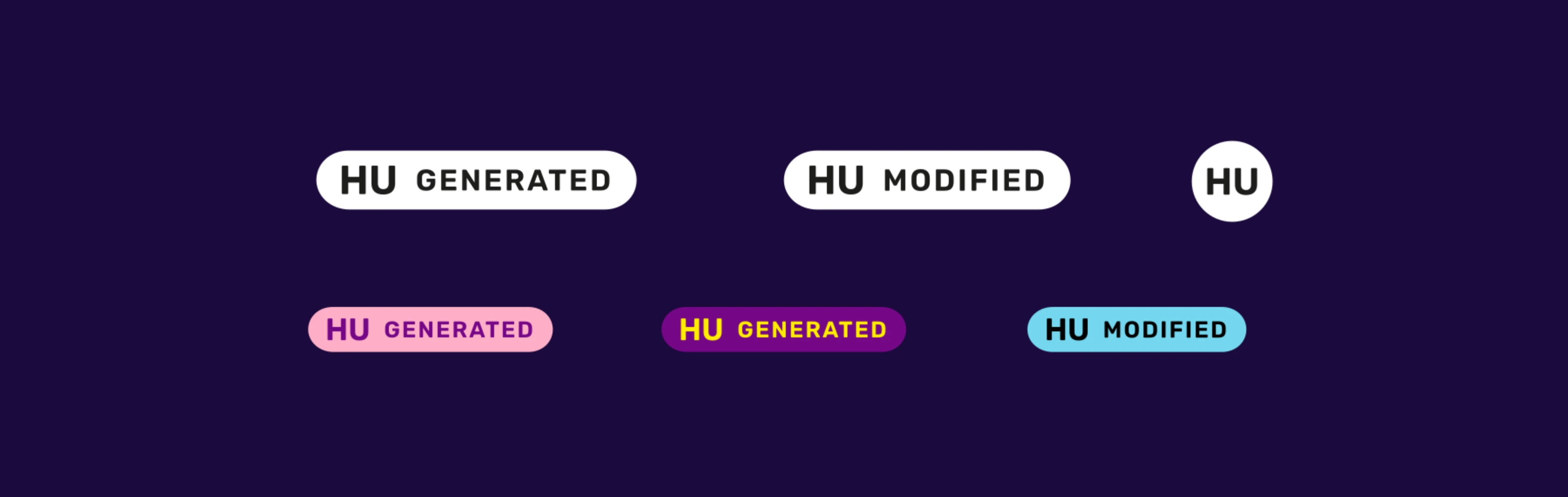 Zes HU-labels op een donkerpaarse achtergrond: HU GENERATED, HU MODIFIED en HU in wit, en drie varianten uit de regenboogversie in roze, paars en lichtblauw.