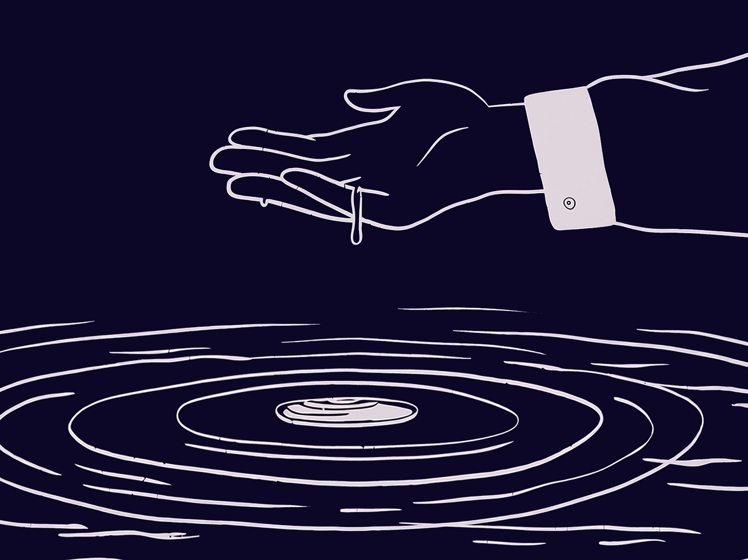 Illustration of a hand dropping something into water with expanding circles: the image of responsibility that drifts but is caught by no one