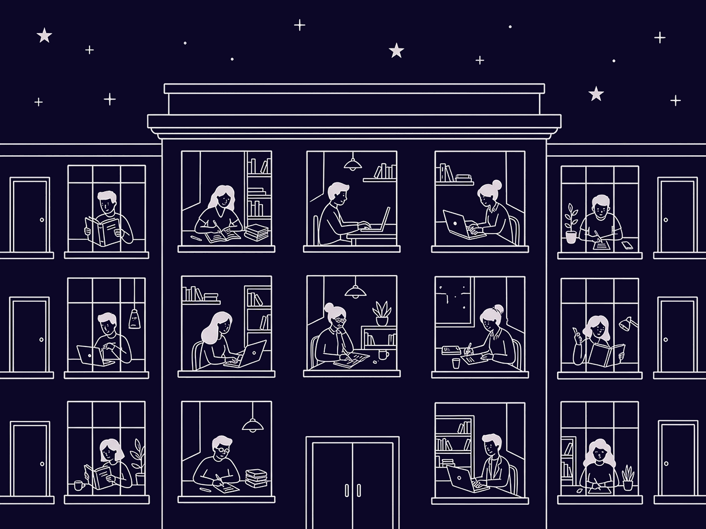 Same building illustration, now with each window occupied by someone reading or working, in contrast with the nearly empty version earlier in this piece