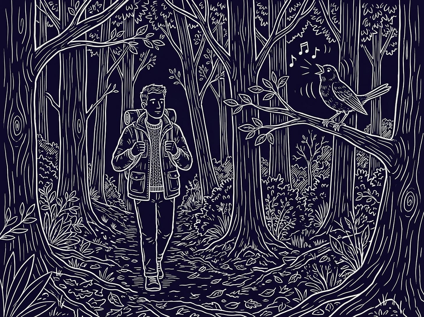 Illustration of a hiker in the forest passing a singing bird, the image accompanying the passage about rehabilitation as the purest form of responsibility