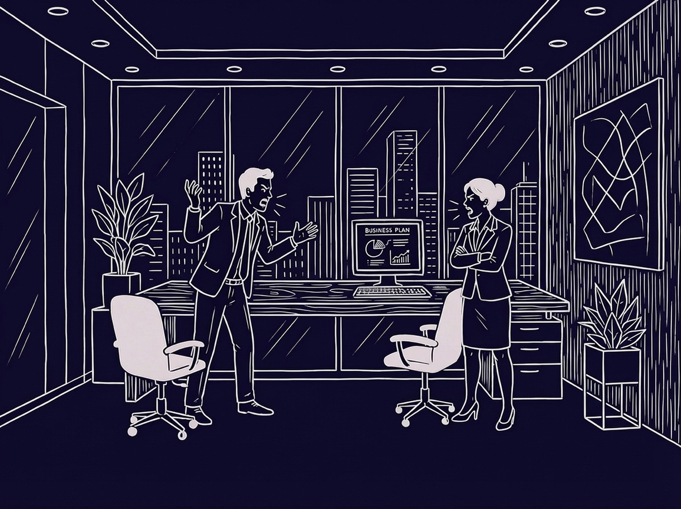 Illustration of an escalating argument in an office over the business plan, the moment when a soft work culture begins to chafe