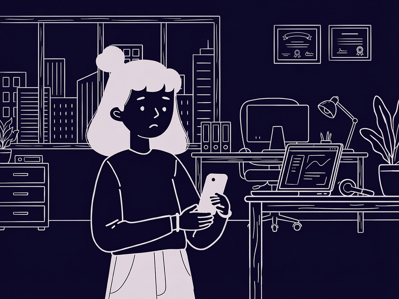 Illustration of an uncertain-looking woman in an office with her phone, surrounded by diplomas: the image of an environment with much understanding but few boundaries