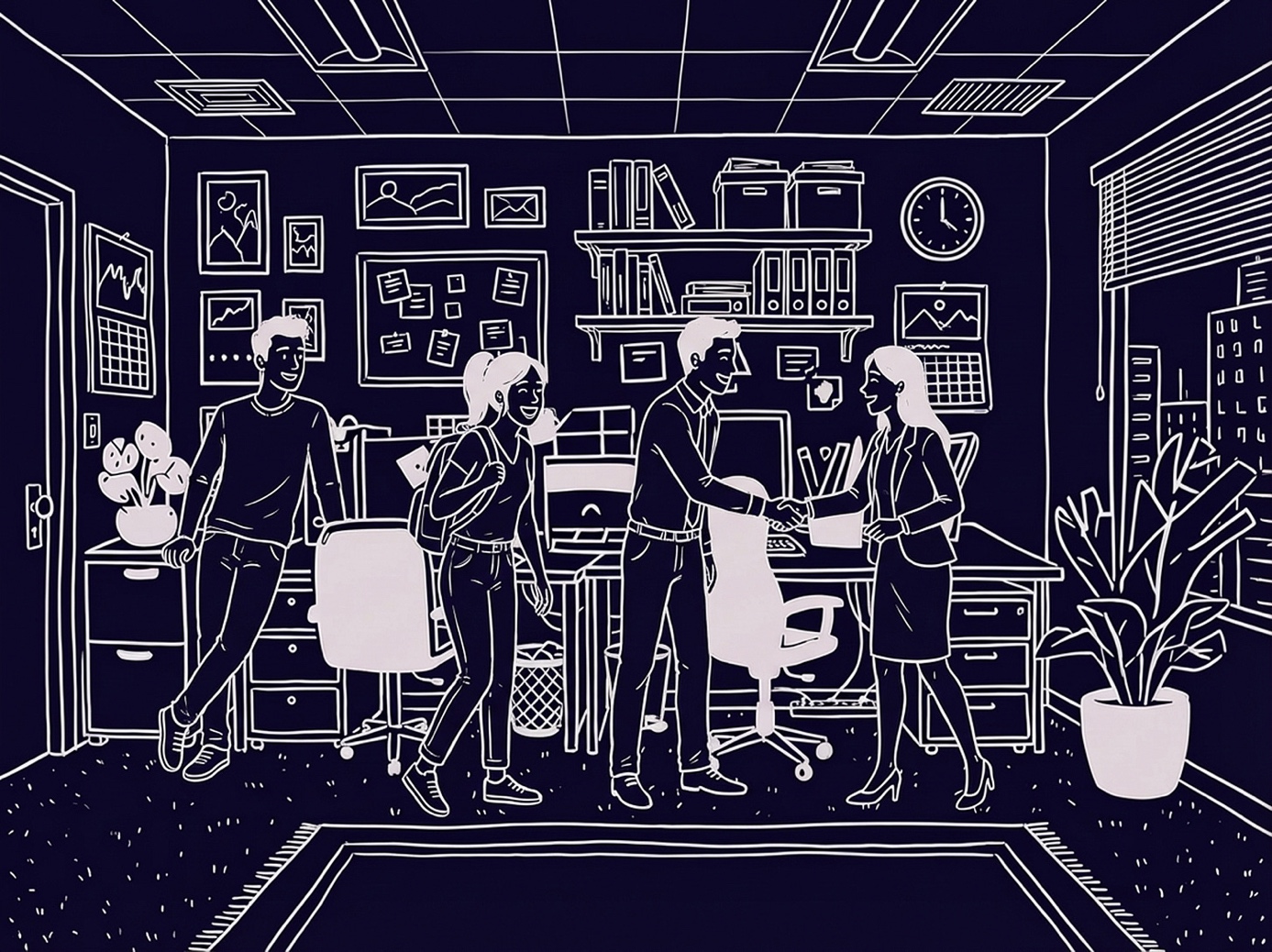 Illustration of an apparently harmonious office with smiling colleagues, the image accompanying the silent evaporation that can hide beneath a pleasant atmosphere