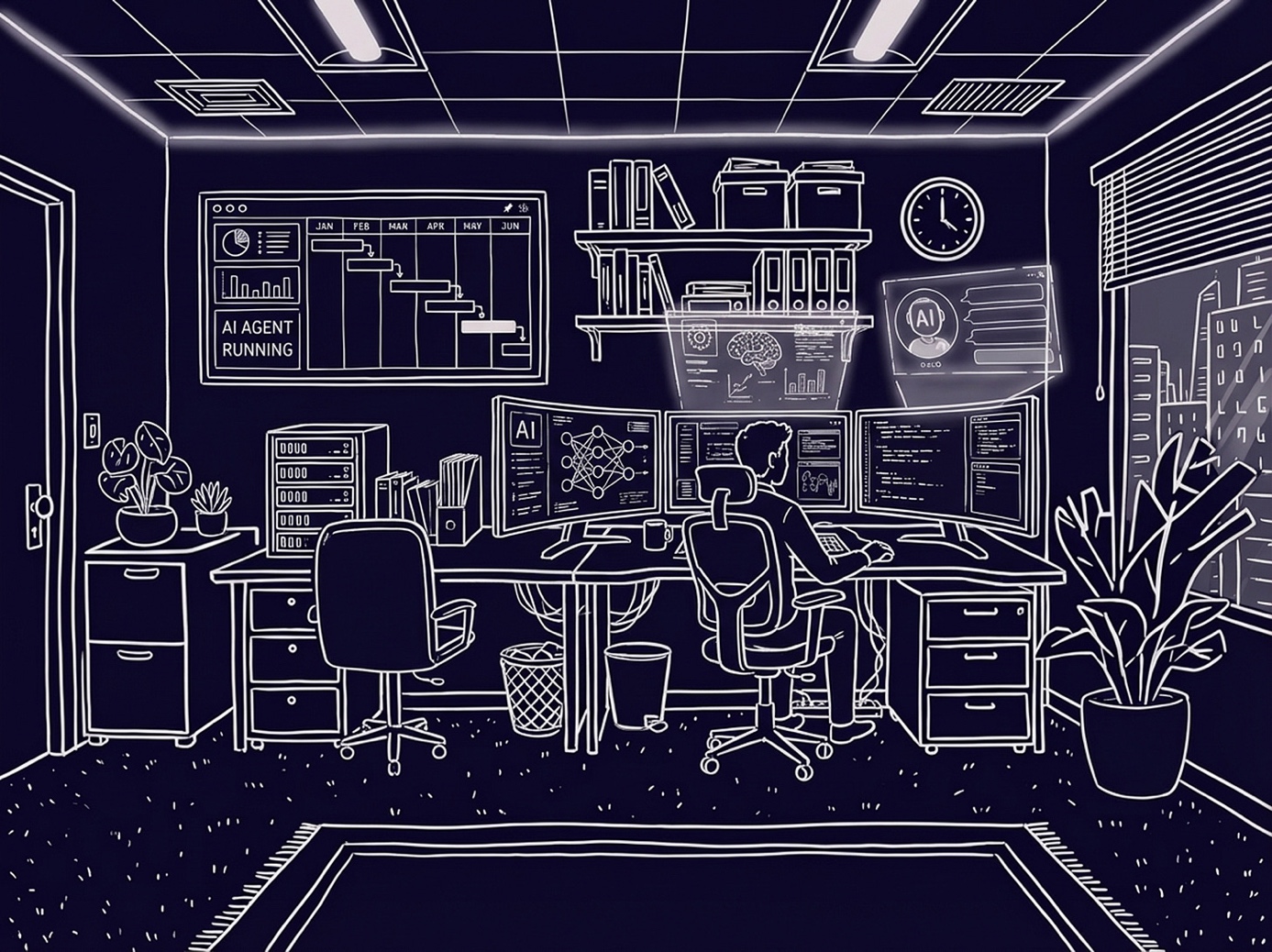 Illustration of an office where an AI agent runs in the background next to a project plan, the image accompanying autonomy without responsibility
