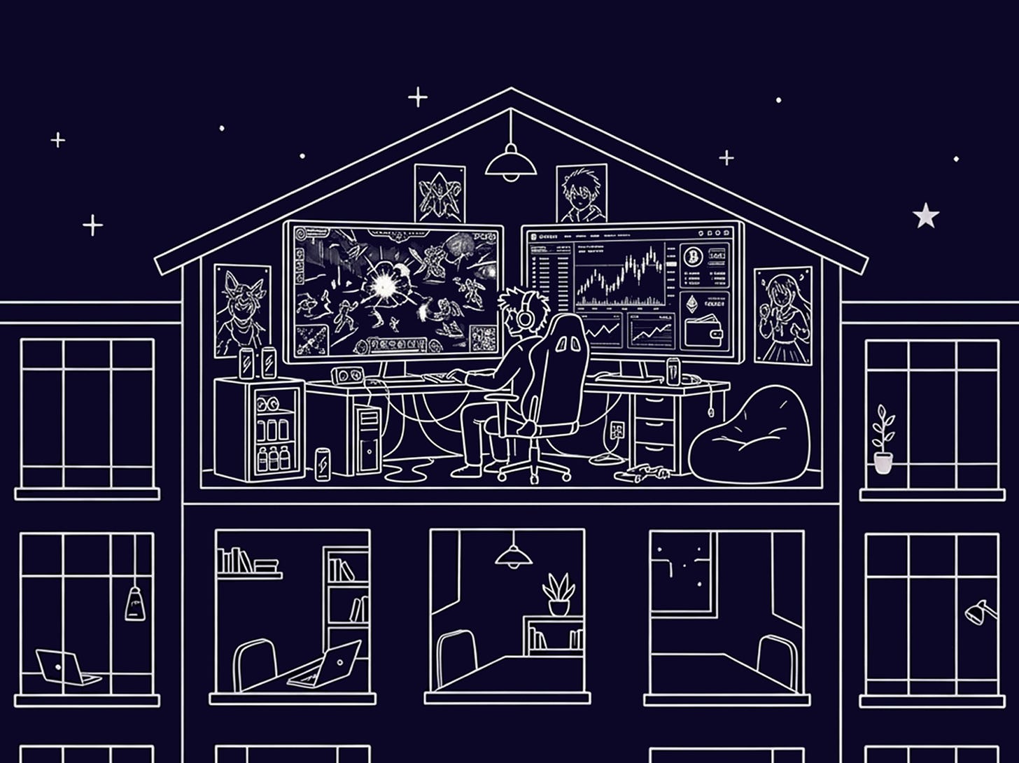 Illustration of a young person behind two screens in an attic room above a cross-section of an apartment building, the image accompanying a generation that adopts new tools more quickly than organisations can keep pace with