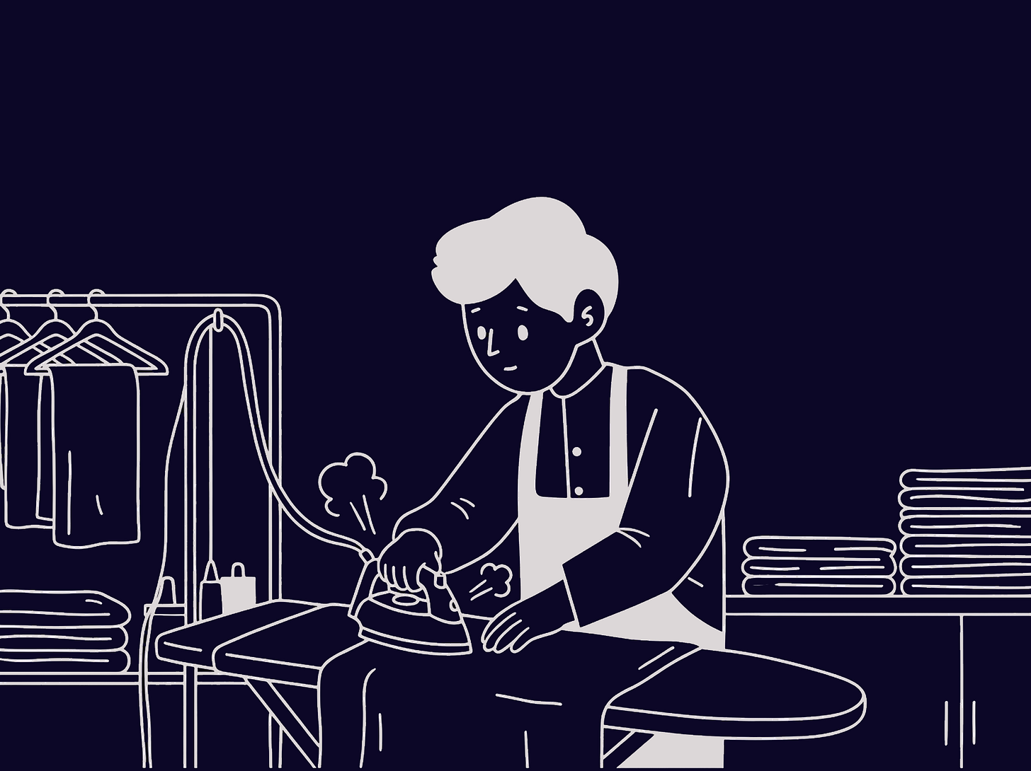 Illustration of someone ironing laundry during working hours, the image accompanying homeworkers who more often drift towards private tasks