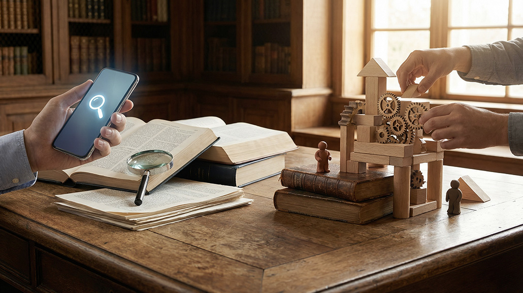Illustratie naast elkaar van een telefoon die snel informatie opzoekt en handen die een houten bouwwerk samenstellen: het verschil tussen weten en begrijpen