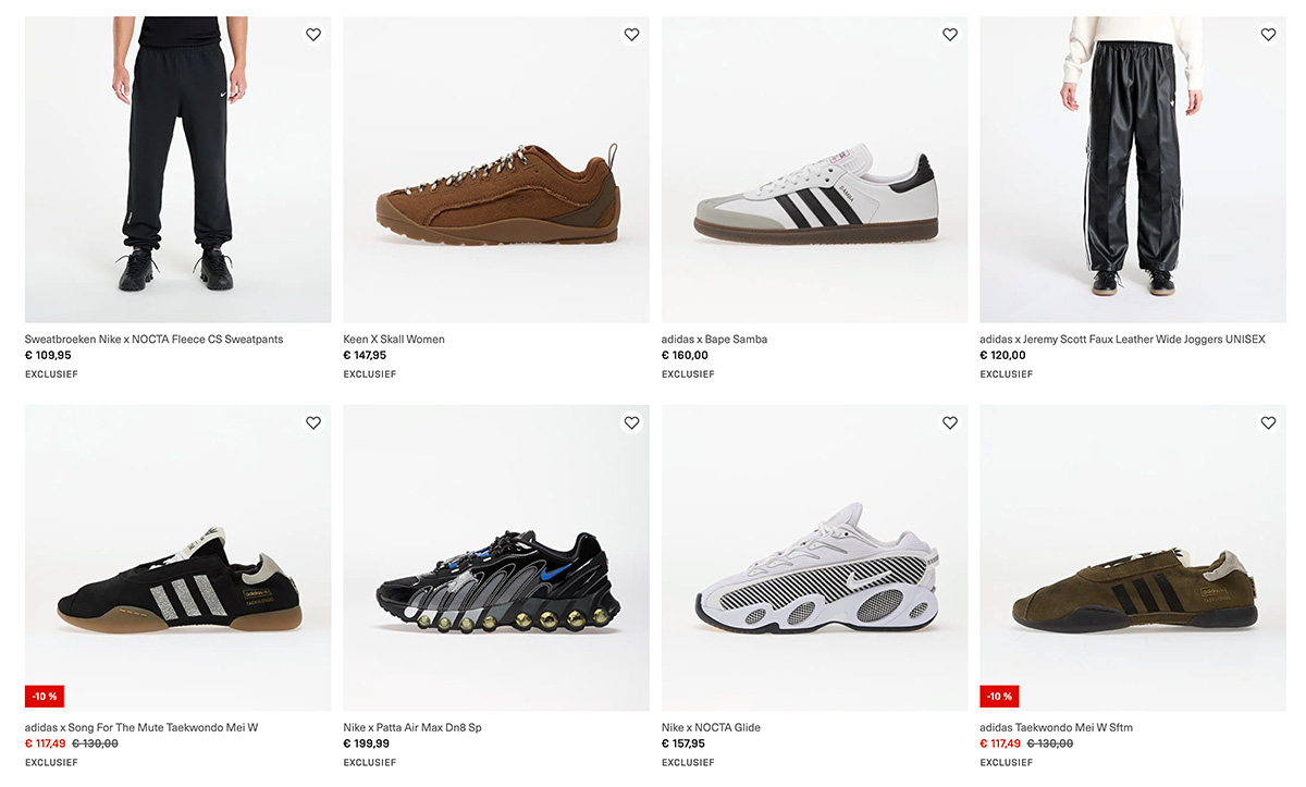 Webshop-overzicht van exclusieve sneaker-samenwerkingen zoals Nike x Patta en adidas x Bape, het voorbeeld bij limited editions zonder de kernidentiteit te verwarren
