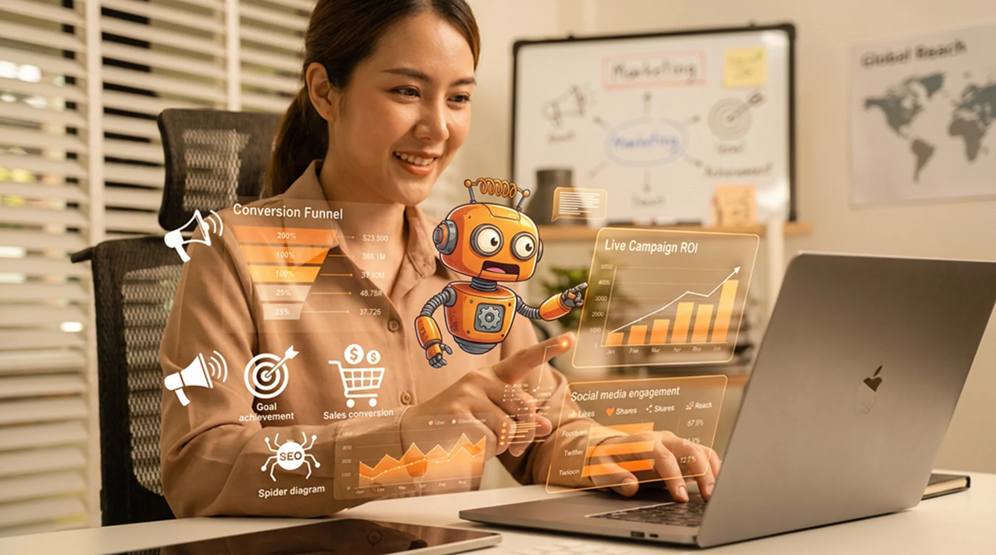 Stockbeeld van AI-marketingdashboards met conversiefunnel en ROI-grafieken, het soort clickdata waar dit stuk juist voorbij kijkt