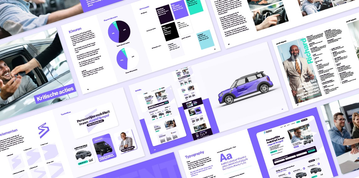 Eigen klantwerk: het merkstrategiedocument van Shortlease Nederland, met kleurenpalet, typografie, een paars gewikkelde auto en de nieuwe website