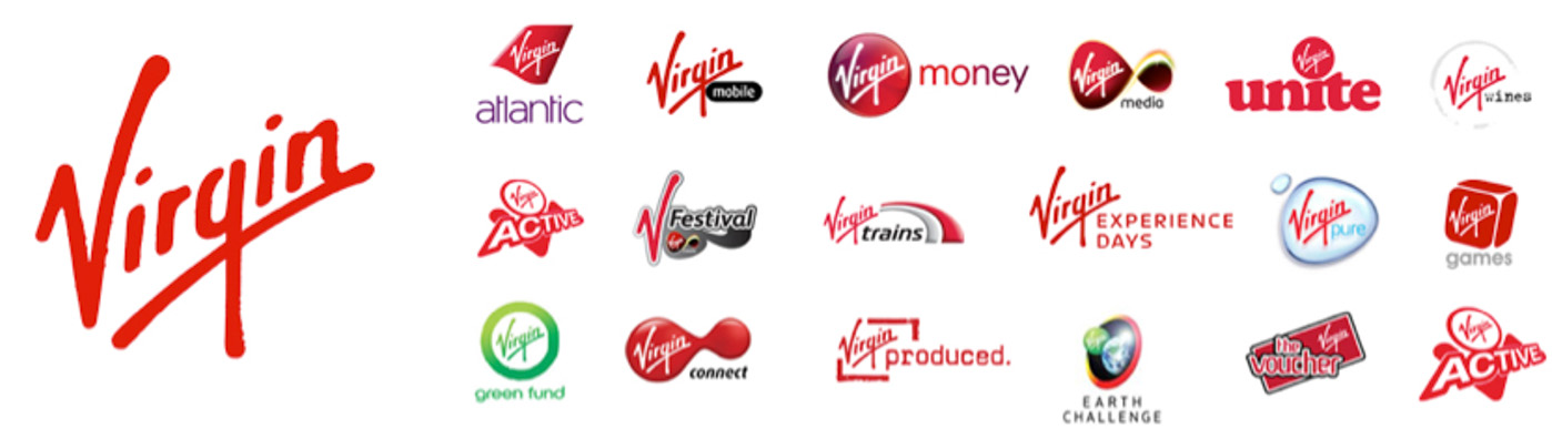Het Virgin-logo met achttien sub-merken in dezelfde rode signatuurstijl, van Virgin Atlantic tot Virgin Money, herkenbaar familie van elkaar